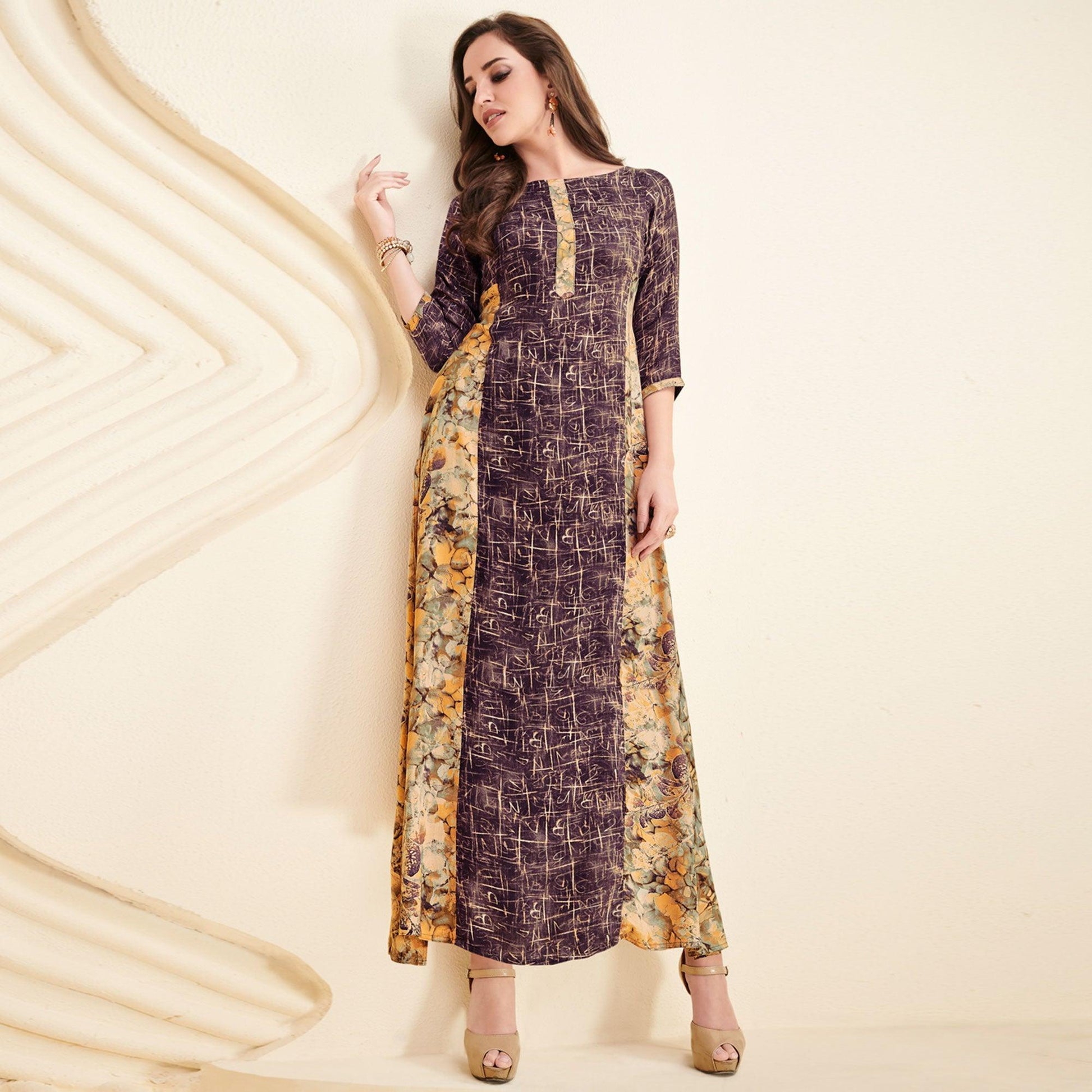 Mesmerising Purple-Yellow Colored Partywear Printed Rayon Long Kurti
