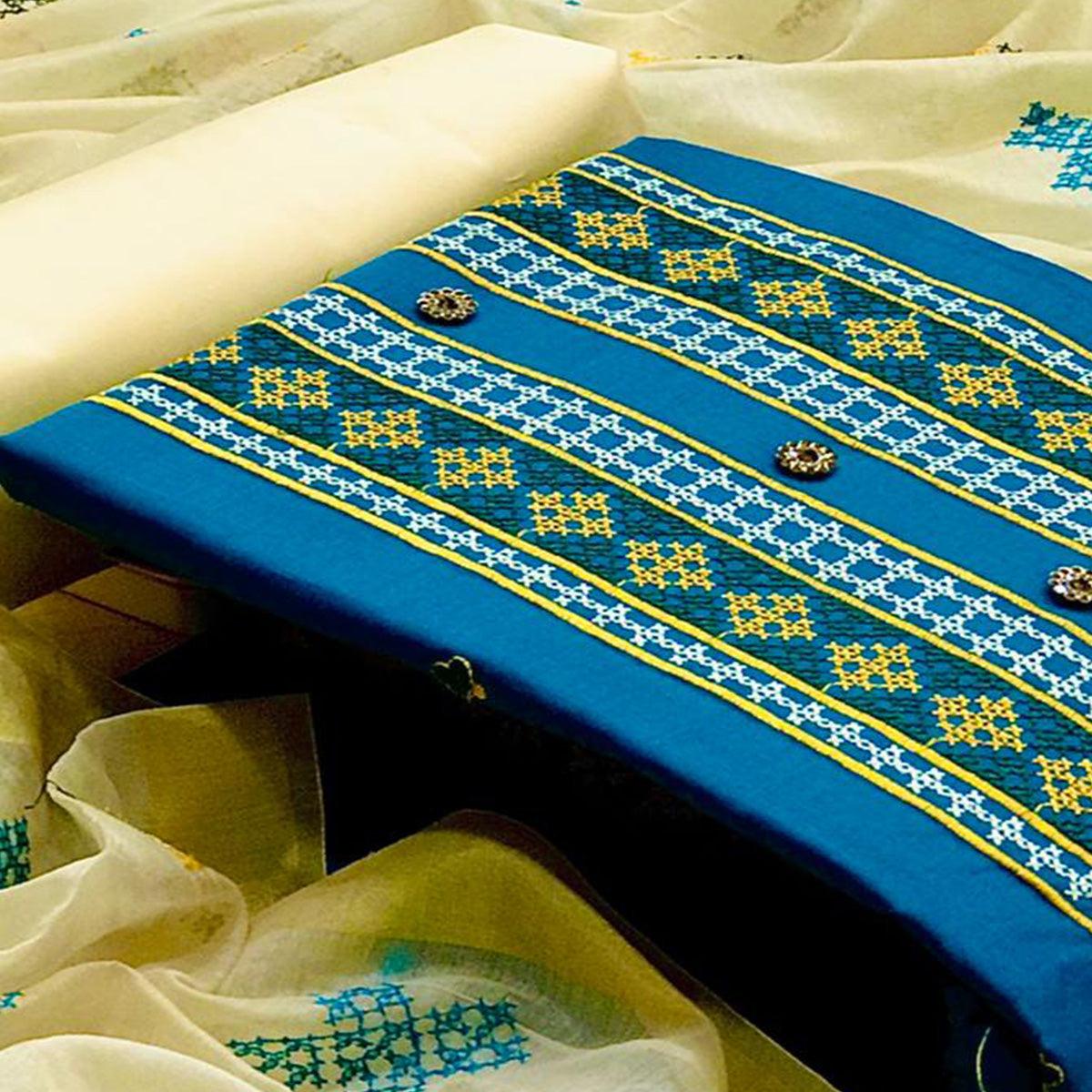 Mesmerising Rama Green Colored Casual Wear Embroidered Cotton Dress Material