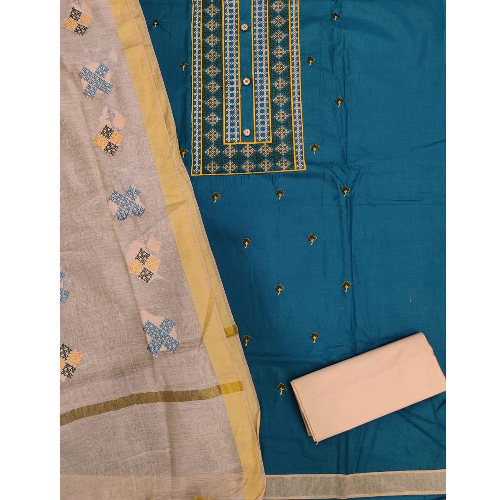 Mesmerising Rama Green Colored Casual Wear Embroidered Cotton Dress Material