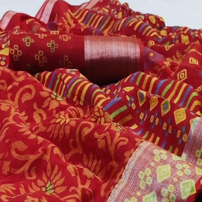 Mesmerising Red Colored Casual Wear Printed Heavy Linen Saree