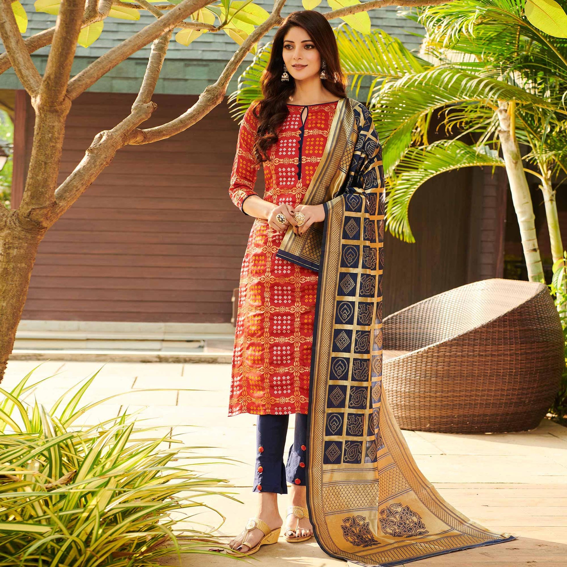 Mesmerising Red Colored Casual Wear Woven Jacquard Silk Dress Material