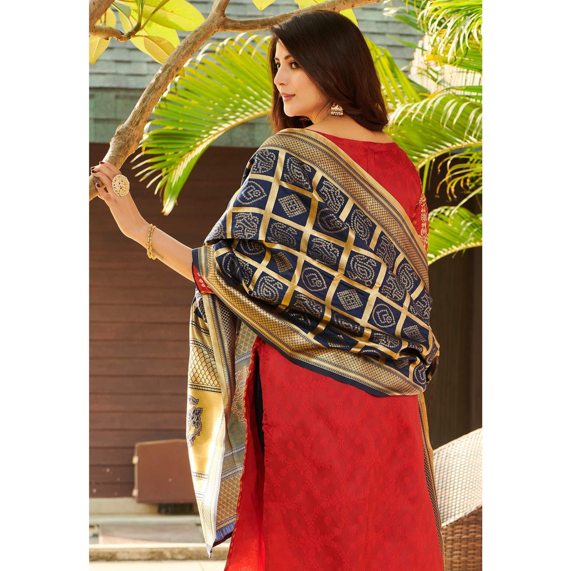 Mesmerising Red Colored Casual Wear Woven Jacquard Silk Dress Material