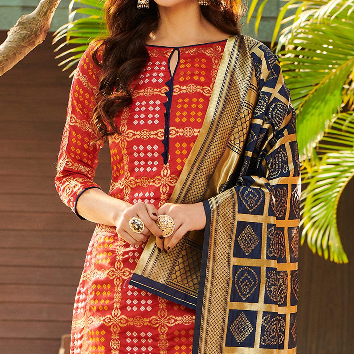 Mesmerising Red Colored Casual Wear Woven Jacquard Silk Dress Material