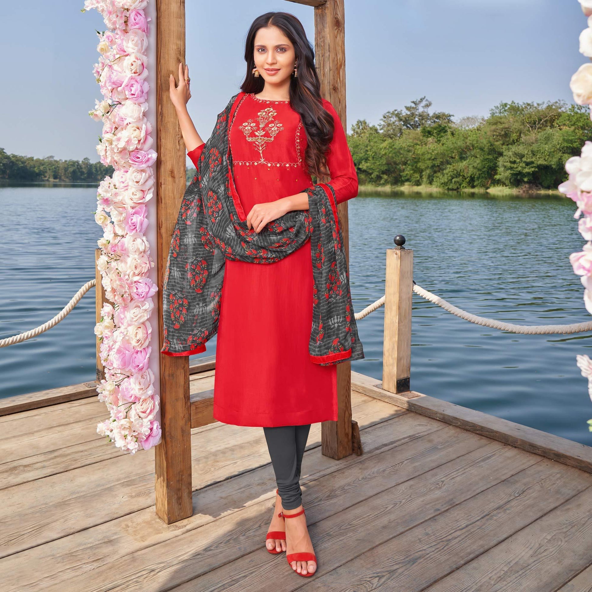 Mesmerising Red Colored Partywear Embroidered Modal Cotton Dress Material