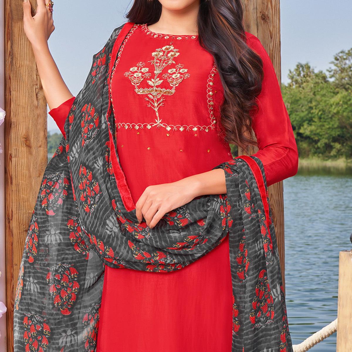 Mesmerising Red Colored Partywear Embroidered Modal Cotton Dress Material
