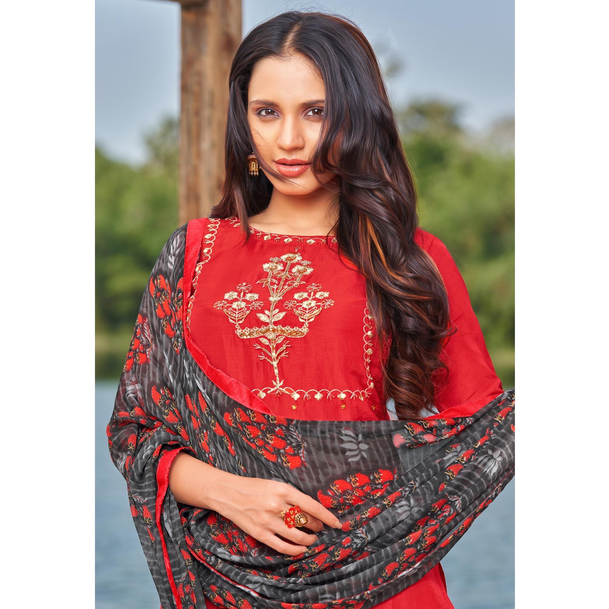 Mesmerising Red Colored Partywear Embroidered Modal Cotton Dress Material