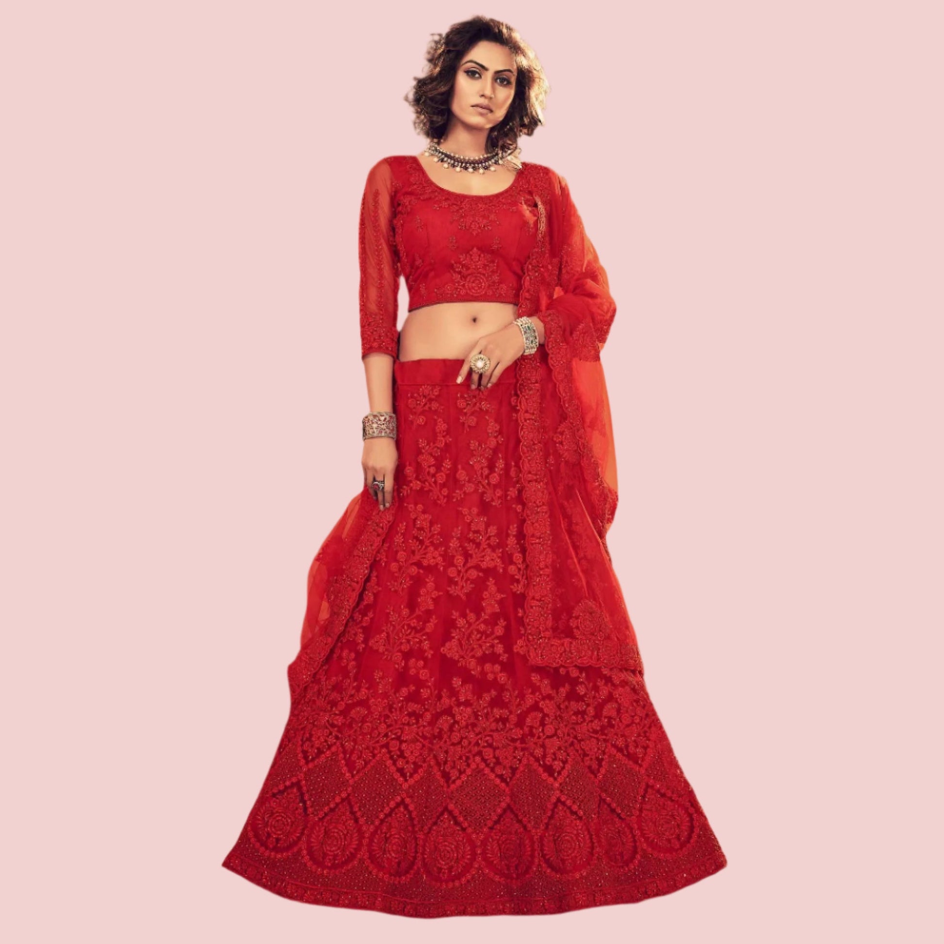 Mesmerising Red Colored Wedding Wear Embroidered Net Lehenga Choli