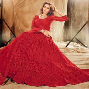 Mesmerising Red Colored Wedding Wear Embroidered Net Lehenga Choli