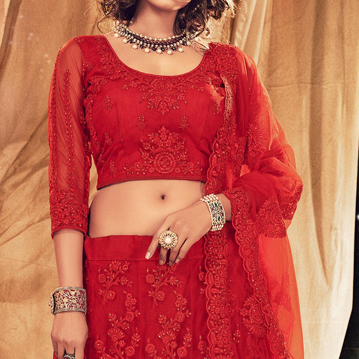 Mesmerising Red Colored Wedding Wear Embroidered Net Lehenga Choli