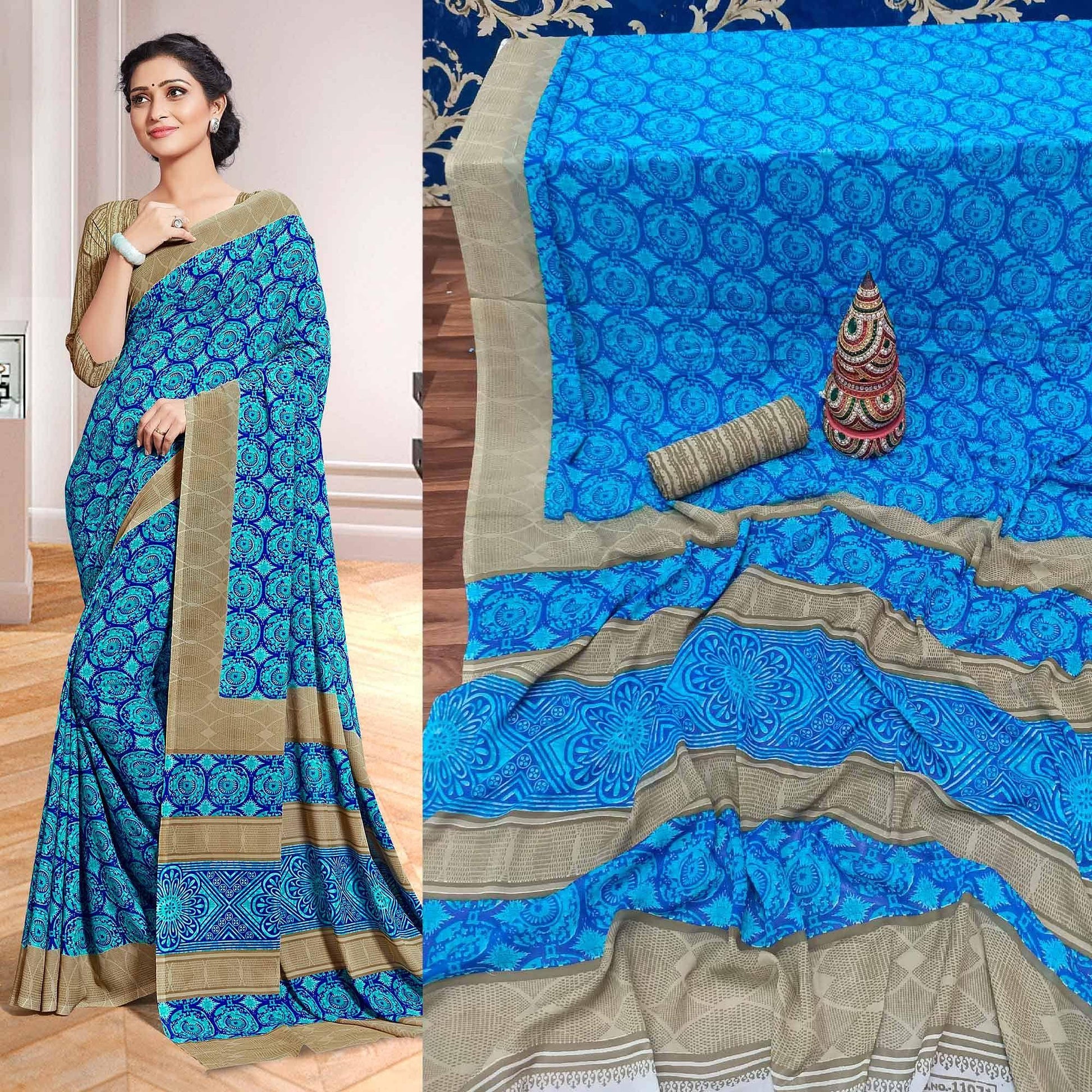 Mesmerising Sky Blue Colored Casual Printed Georgette Saree