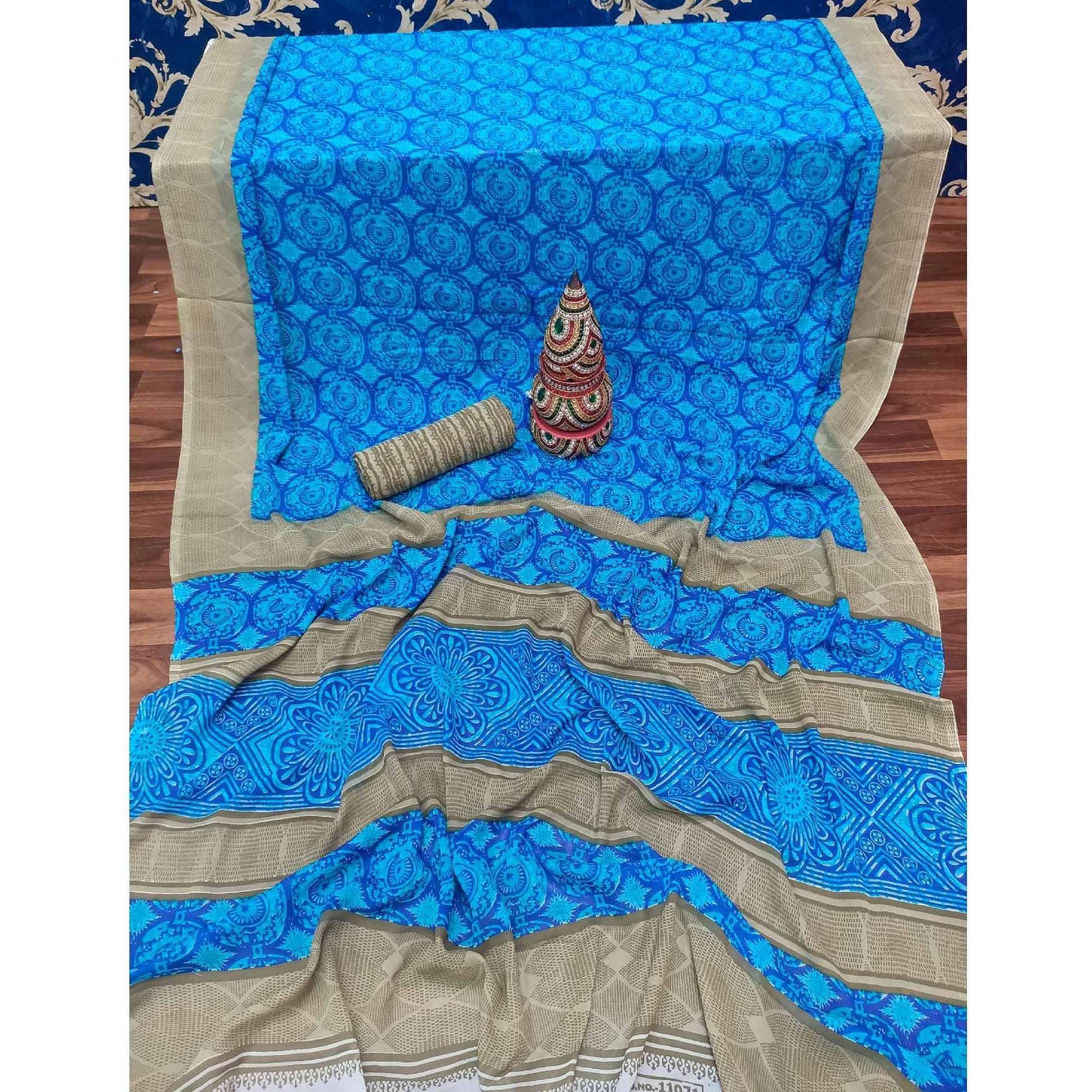 Mesmerising Sky Blue Colored Casual Printed Georgette Saree