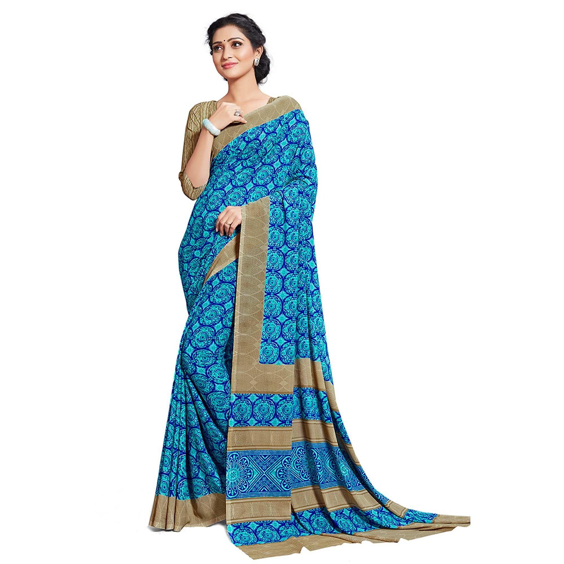 Mesmerising Sky Blue Colored Casual Printed Georgette Saree
