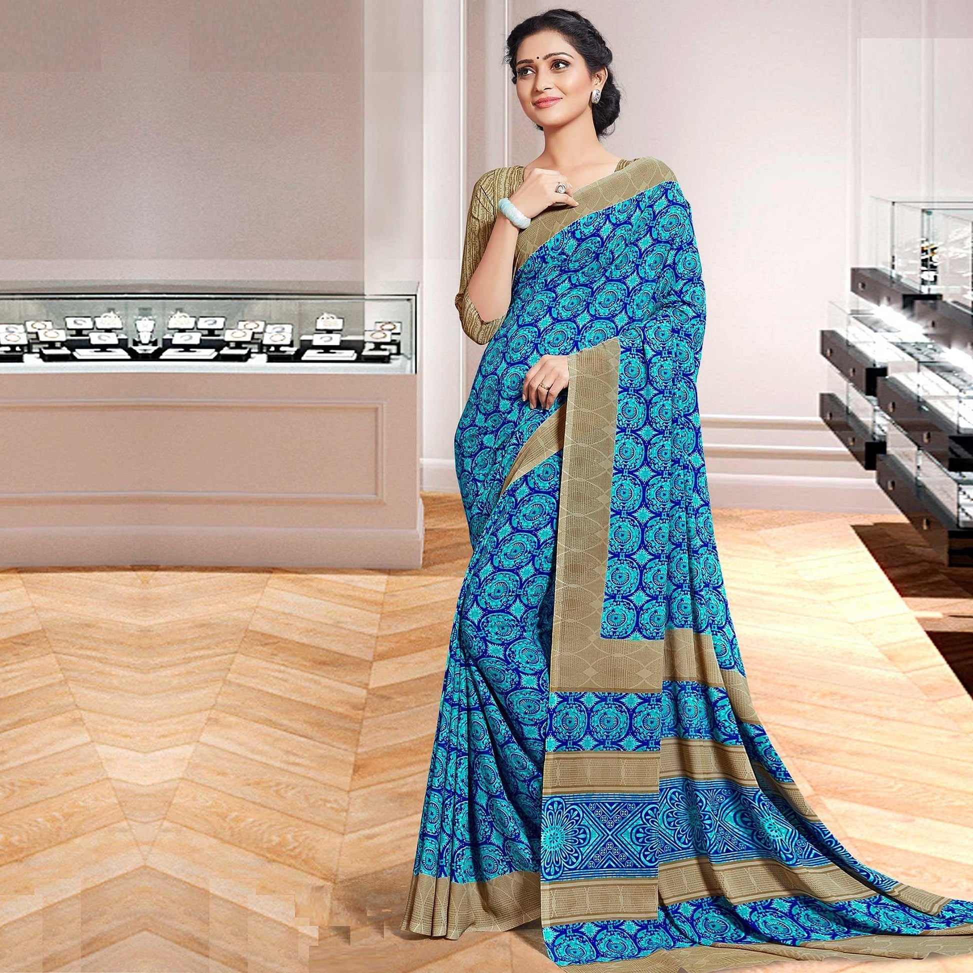 Mesmerising Sky Blue Colored Casual Printed Georgette Saree