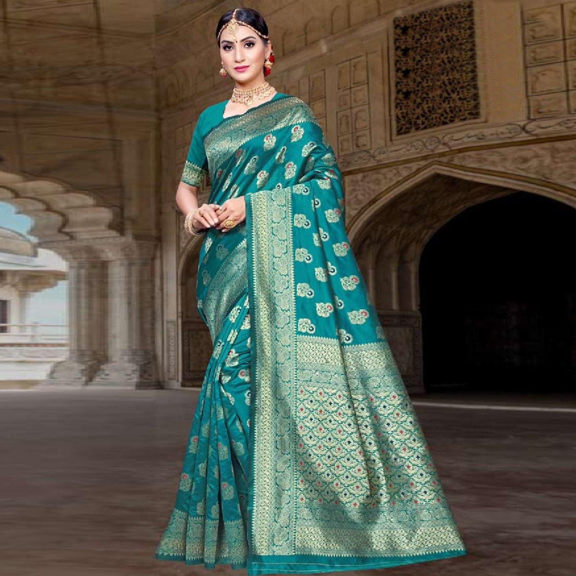 Mesmerising Turquoise Green Colored Festive Wear Woven Art Silk Saree