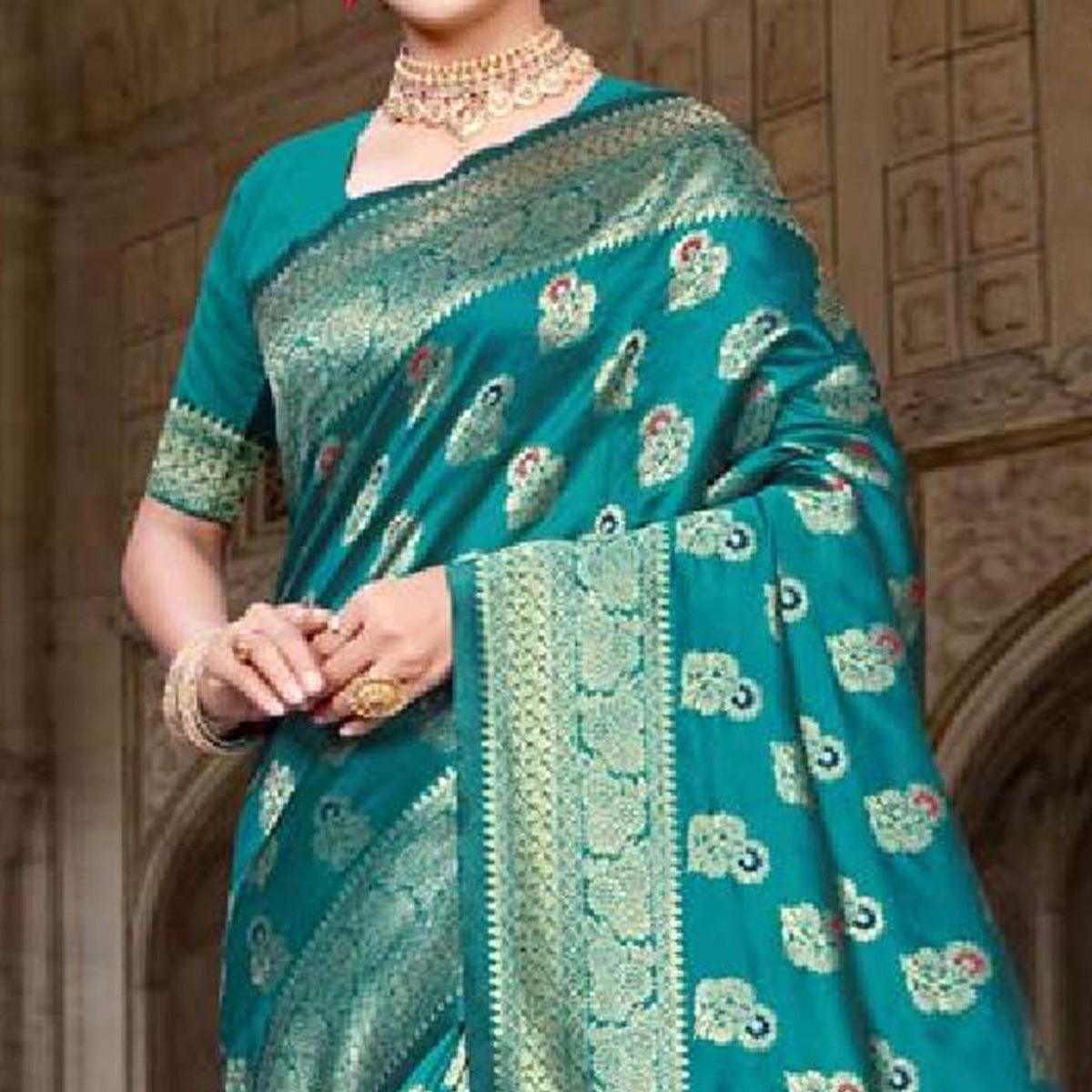 Mesmerising Turquoise Green Colored Festive Wear Woven Art Silk Saree