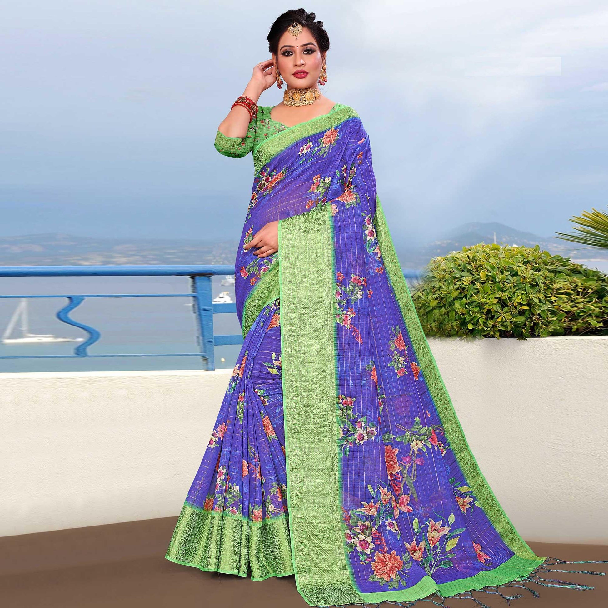 Mesmerising Violet Colored Festive Wear Digital Printed Linen Saree