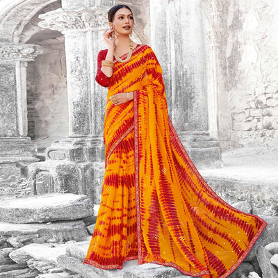 Mesmerising Yellow & Red Coloured Partywear Embellished Chiffon Saree