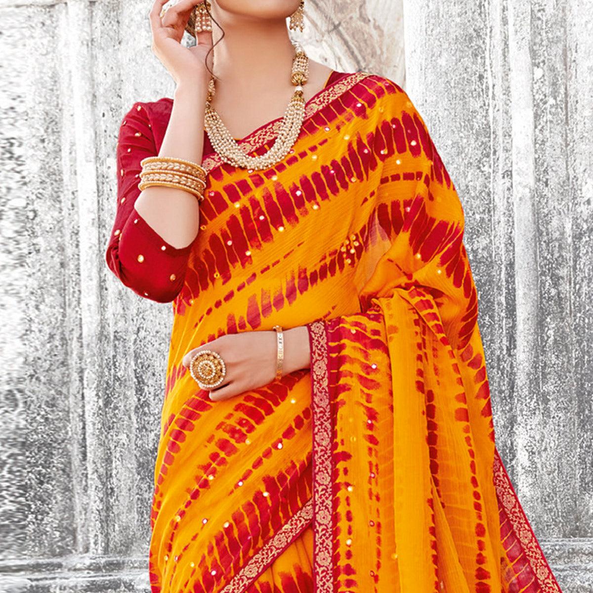 Mesmerising Yellow & Red Coloured Partywear Embellished Chiffon Saree