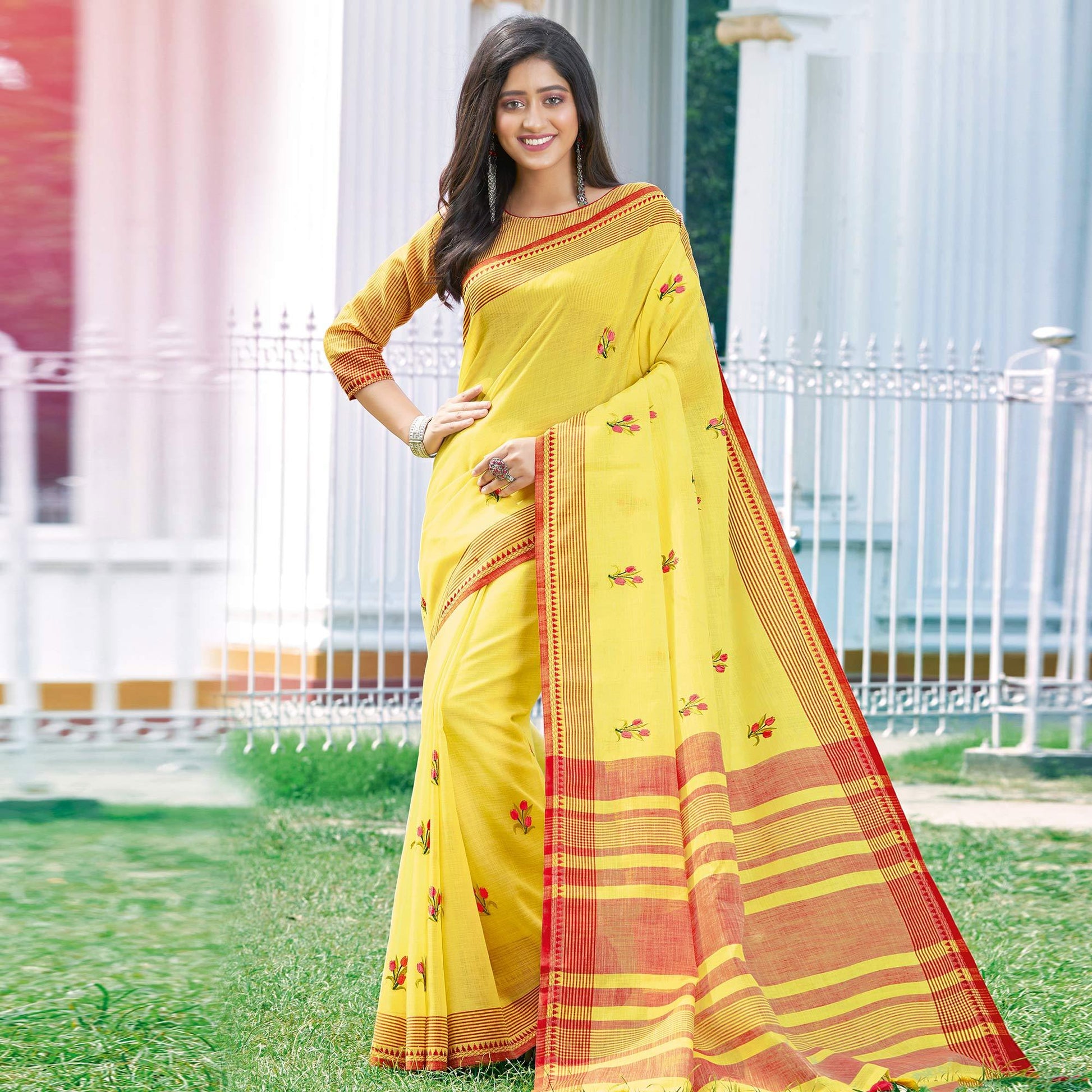 Mesmerising Yellow Colored Casual Wear Printed Linen Cotton Saree