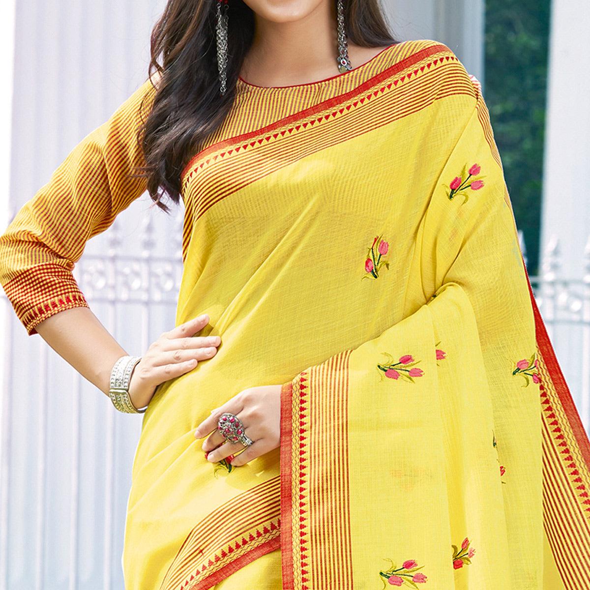Mesmerising Yellow Colored Casual Wear Printed Linen Cotton Saree