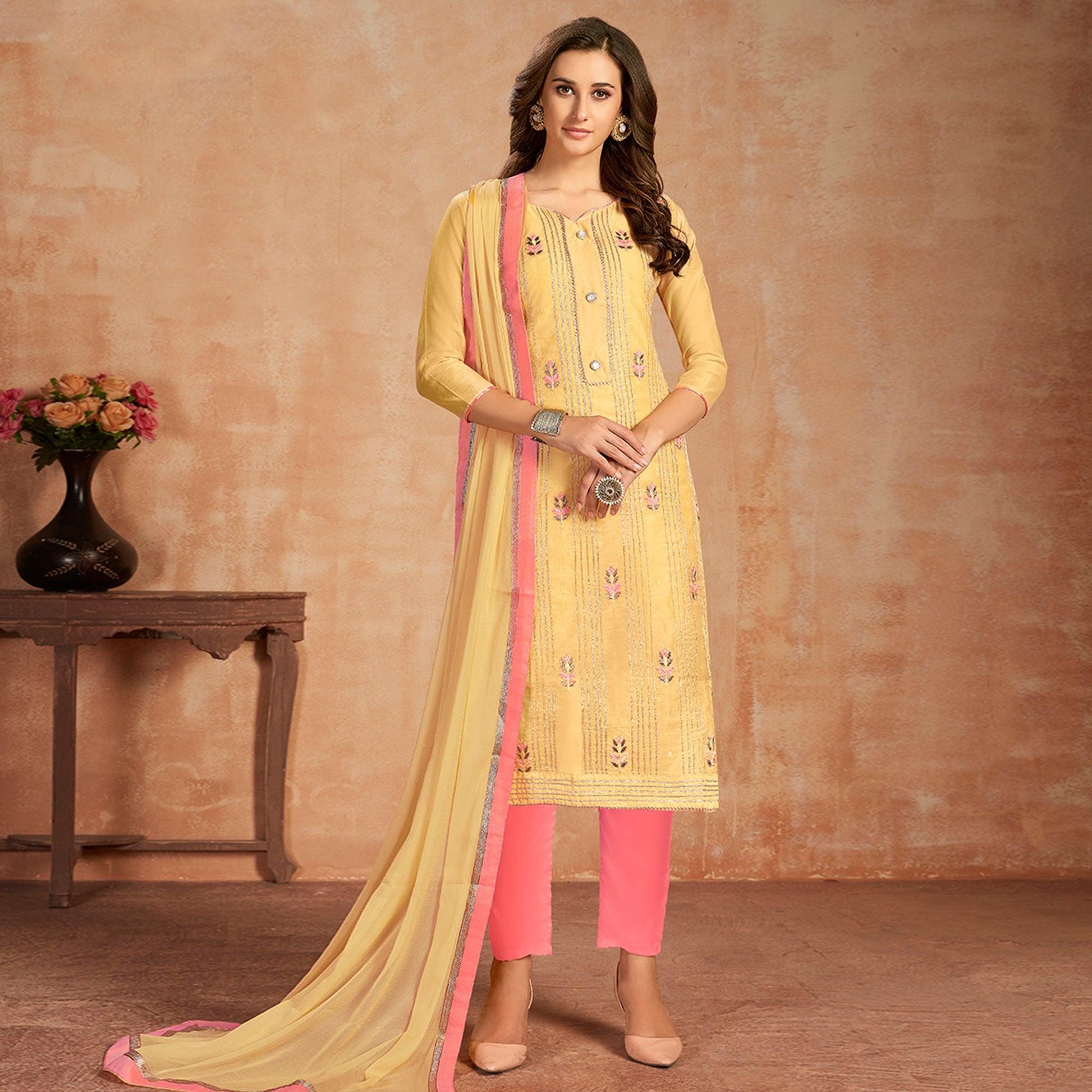 Mesmerising Yellow Colored Partywear Embroidered Pure Cotton Dress Material