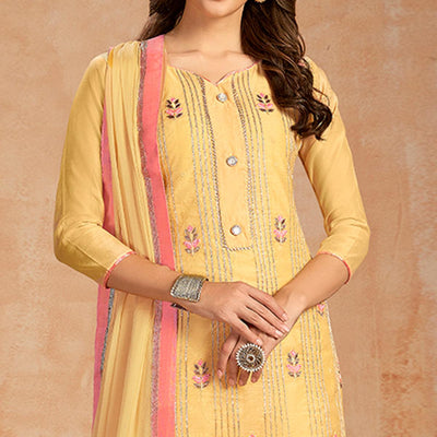 Mesmerising Yellow Colored Partywear Embroidered Pure Cotton Dress Material