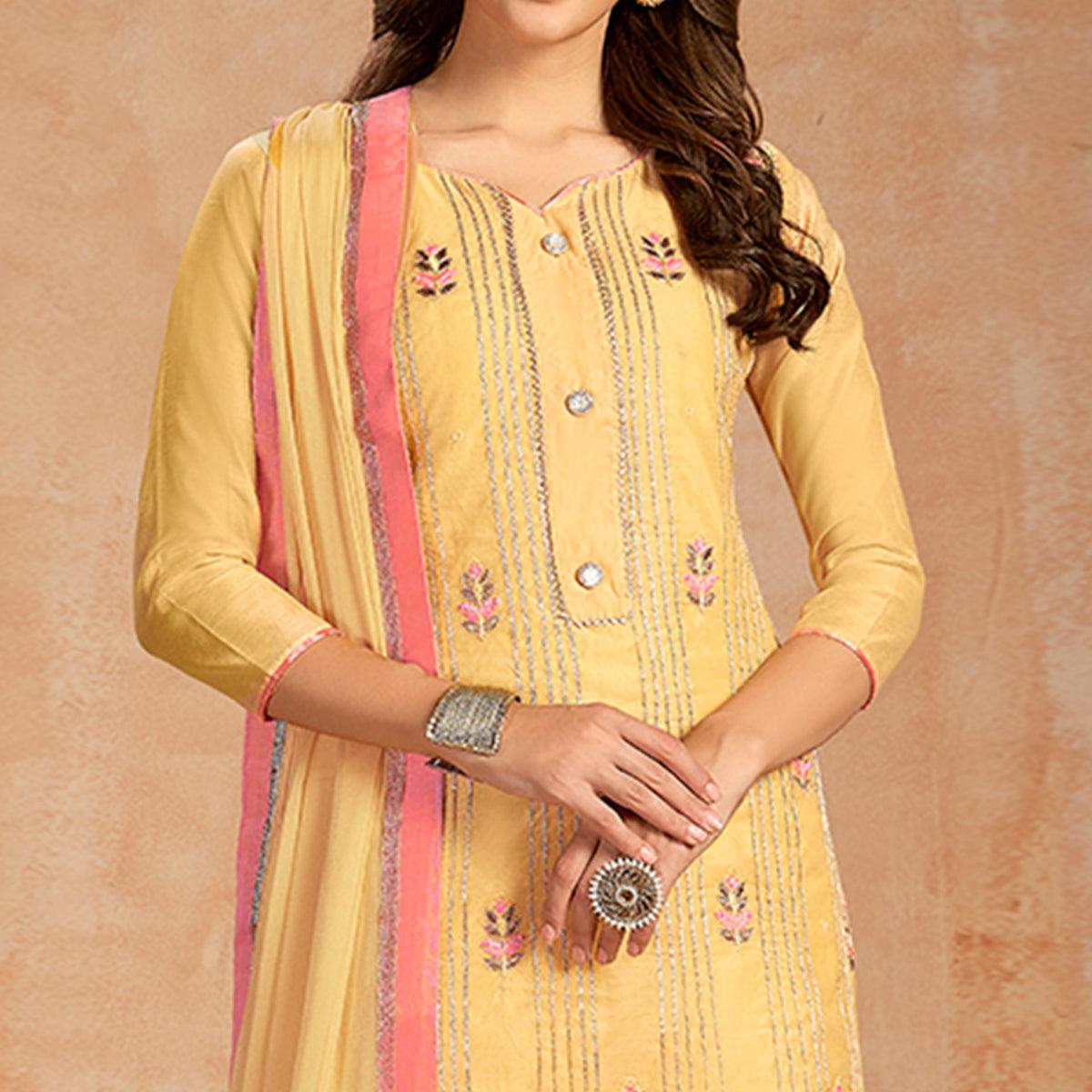 Mesmerising Yellow Colored Partywear Embroidered Pure Cotton Dress Material