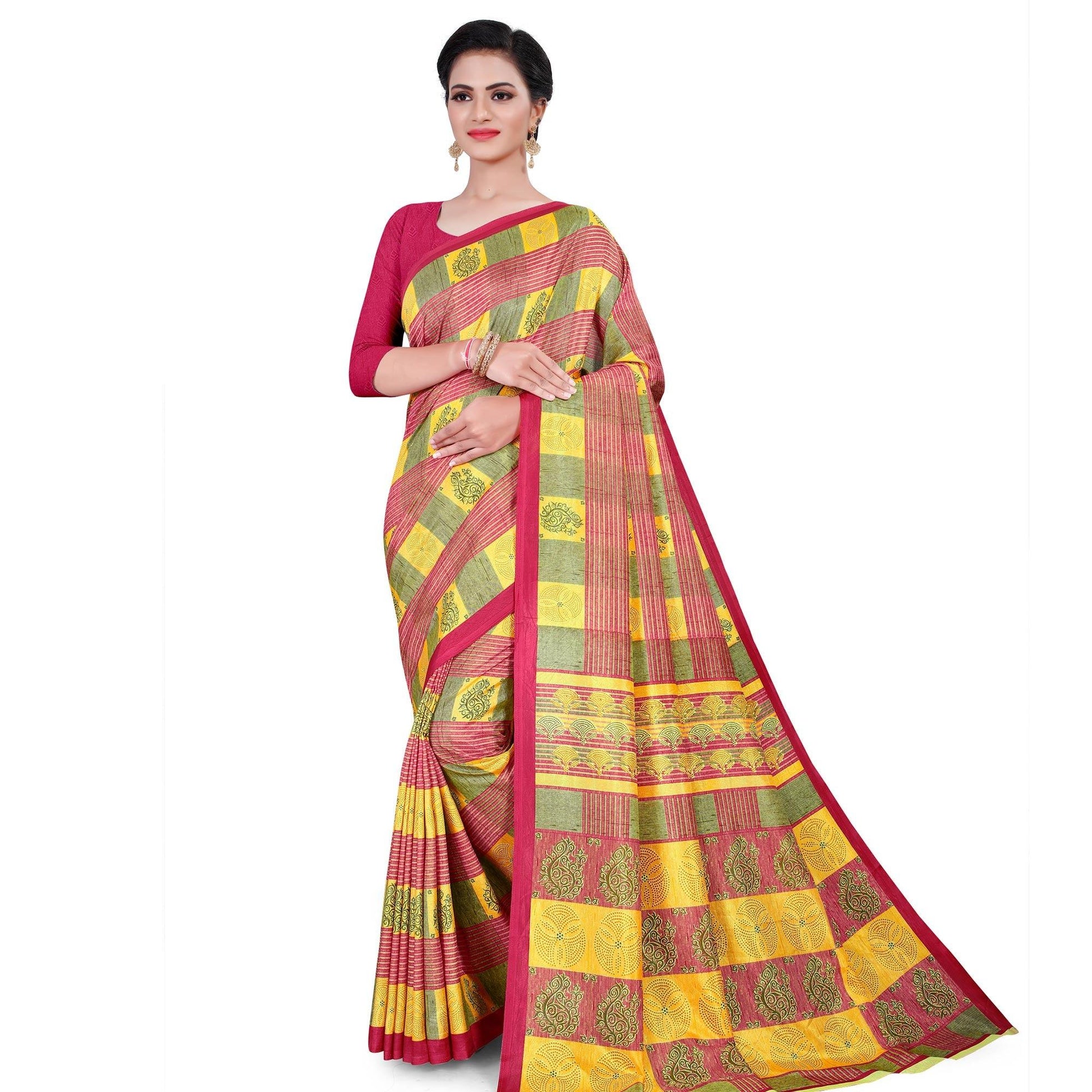Mesmerising Yellow - Pink Colored Casual Wear Printed Cotton Saree
