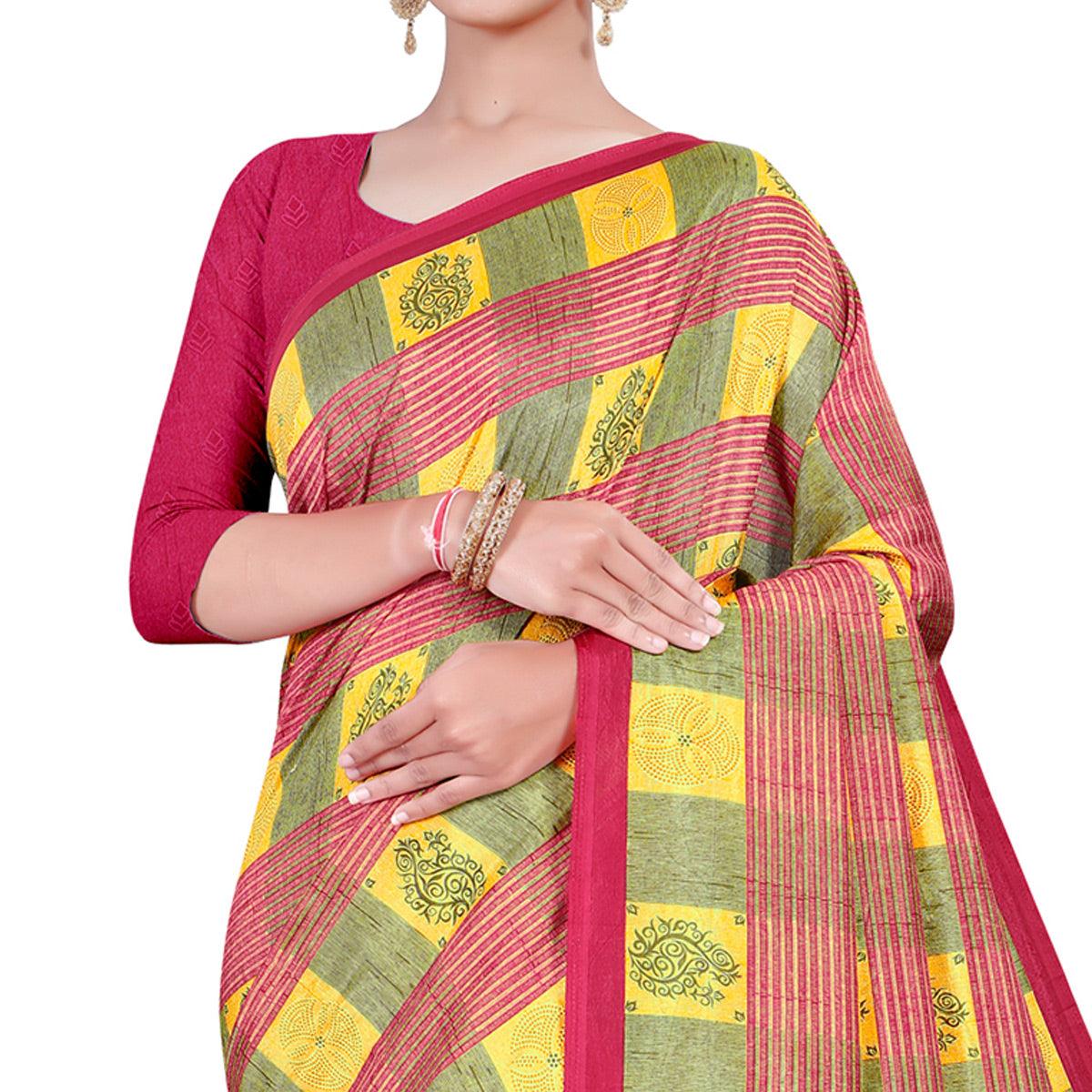 Mesmerising Yellow - Pink Colored Casual Wear Printed Cotton Saree