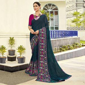 Mid Night Blue Partywear Floral Printed Georgette Saree