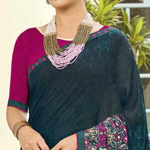 Mid Night Blue Partywear Floral Printed Georgette Saree