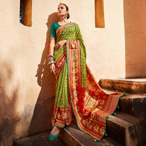 Mint Green & Red Festive Wear Printed Silk Saree