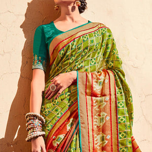Mint Green & Red Festive Wear Printed Silk Saree