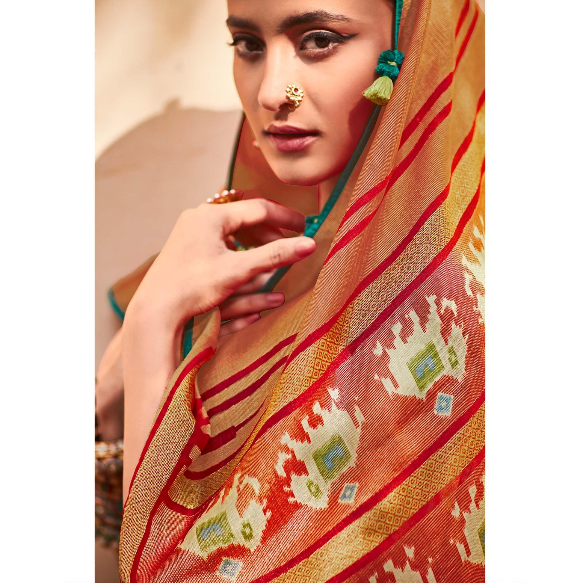 Mint Green & Red Festive Wear Printed Silk Saree