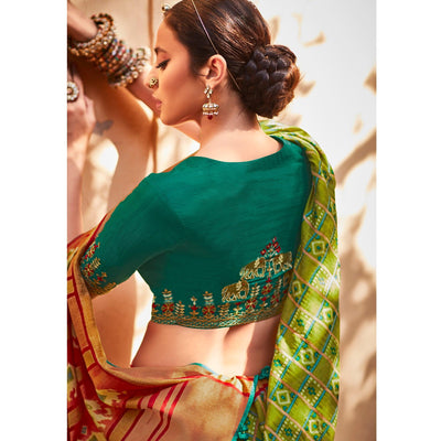 Mint Green & Red Festive Wear Printed Silk Saree