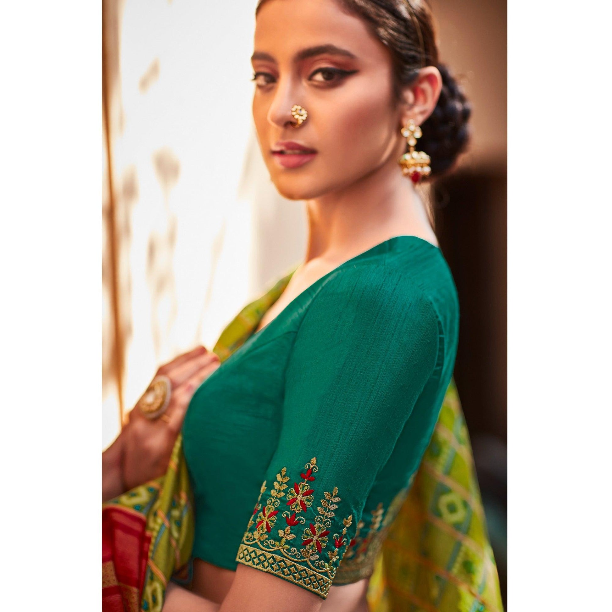 Mint Green & Red Festive Wear Printed Silk Saree