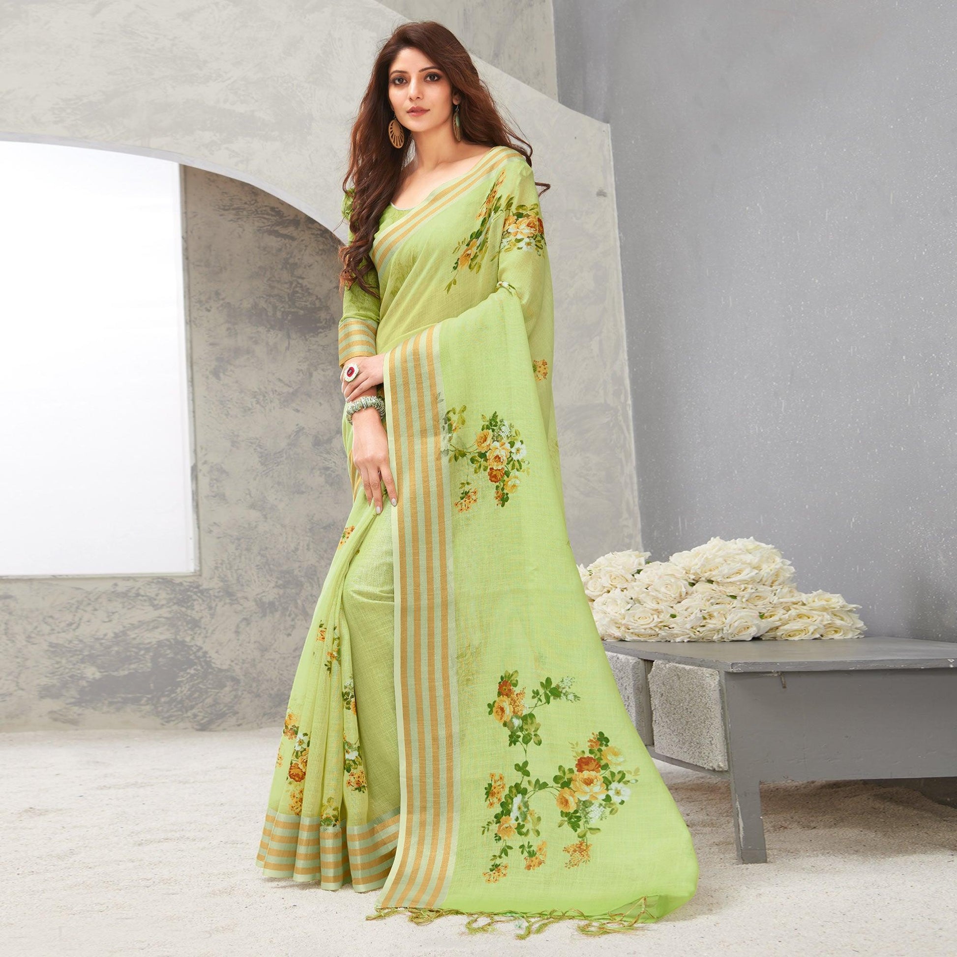 Mint Green Casual Wear Digital Printed Pure Linen Saree