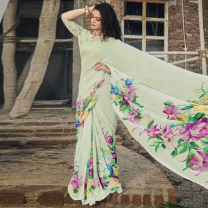 Mint Green Casual Wear Floral Printed Georgette Saree