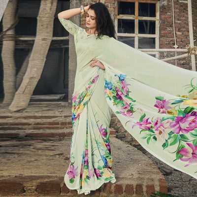 Mint Green Casual Wear Floral Printed Georgette Saree