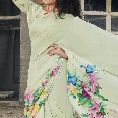 Mint Green Casual Wear Floral Printed Georgette Saree