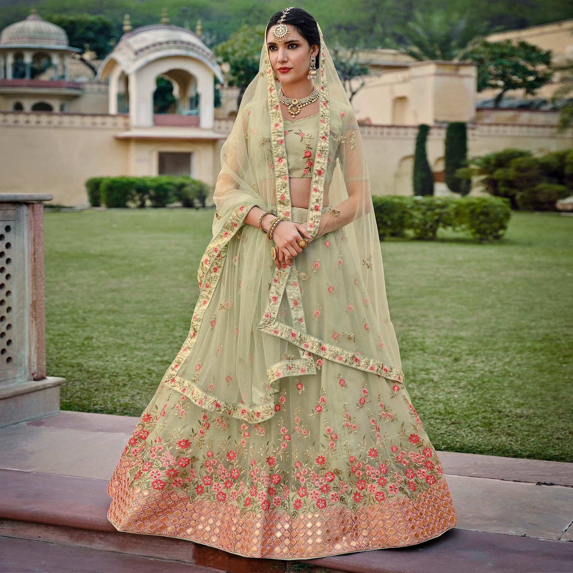 Mint Green Embellished & Embroidered Net Lehenga Choli