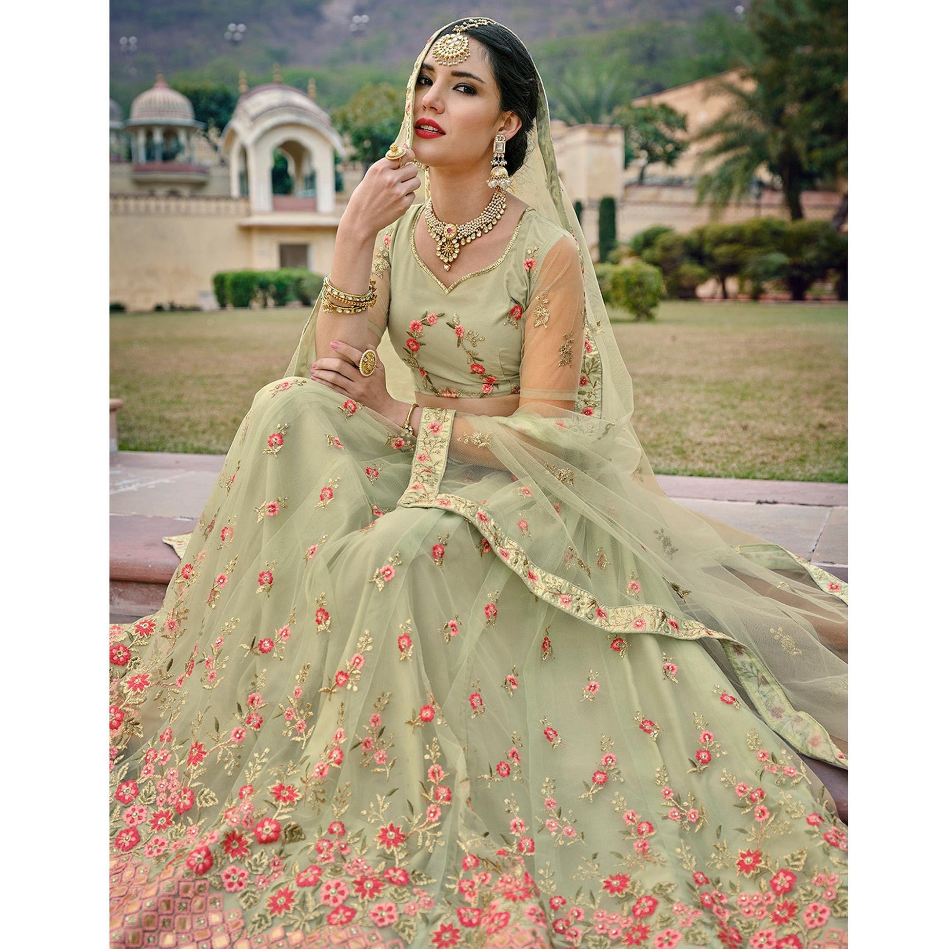 Mint Green Embellished & Embroidered Net Lehenga Choli