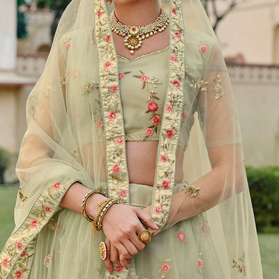 Mint Green Embellished & Embroidered Net Lehenga Choli