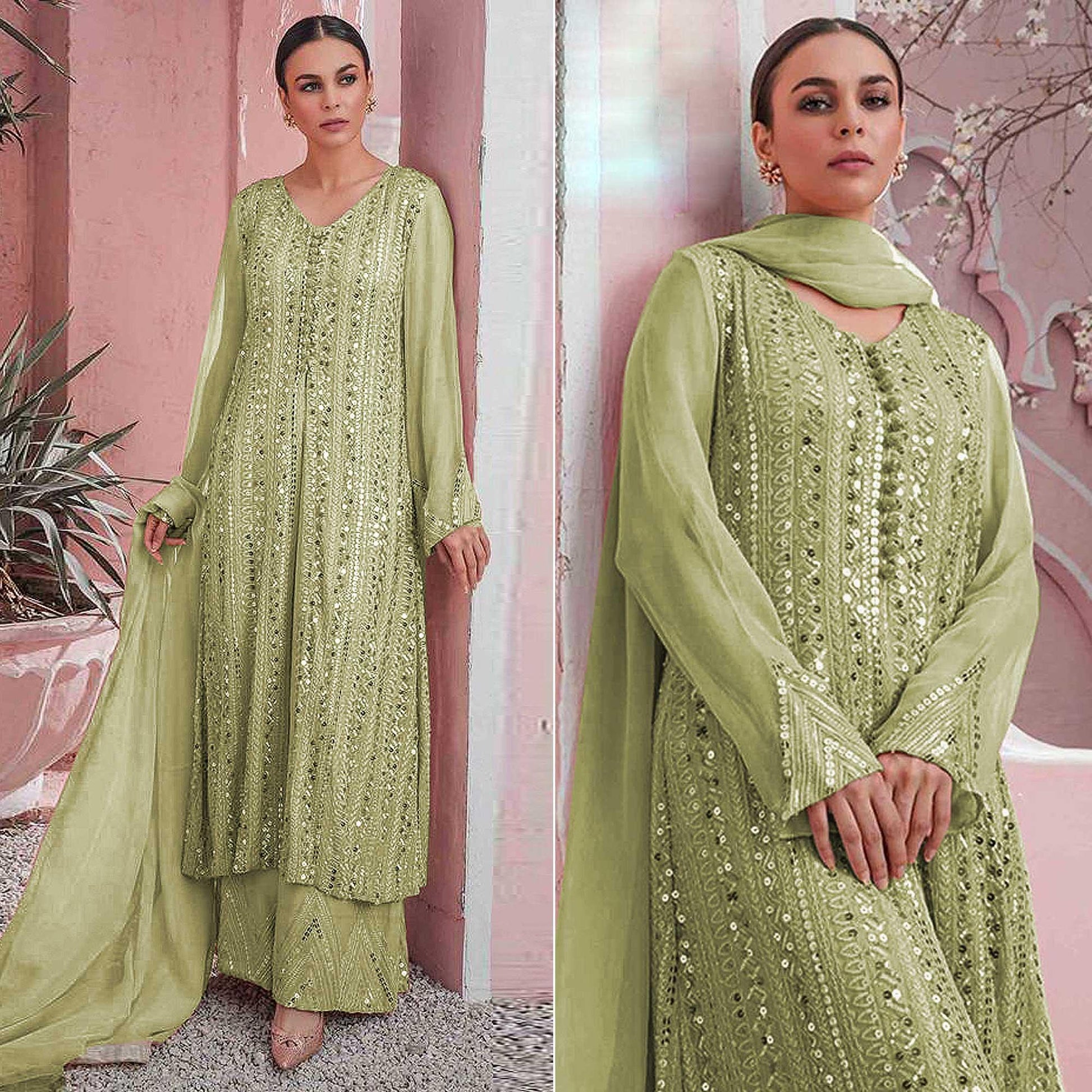 Mint-Green Embellished With Embroidered Georgette Palazzo Suit