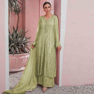 Mint-Green Embellished With Embroidered Georgette Palazzo Suit