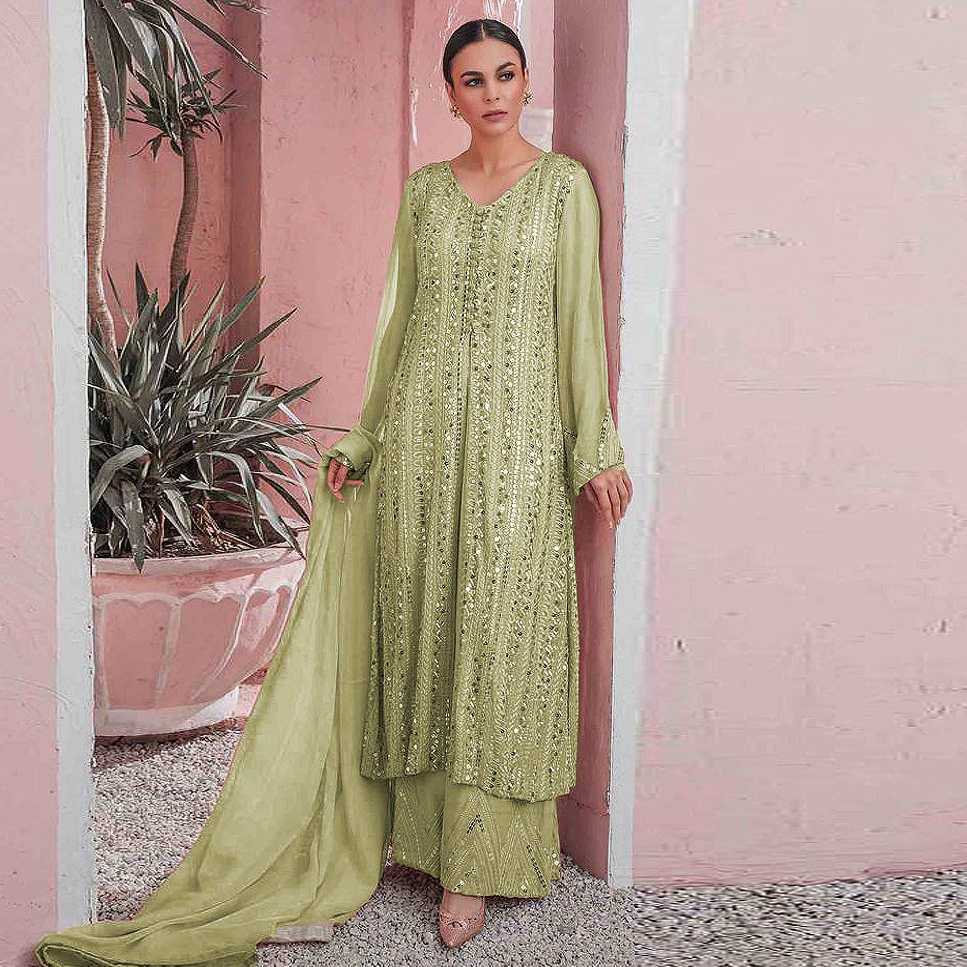 Mint-Green Embellished With Embroidered Georgette Palazzo Suit