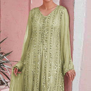 Mint-Green Embellished With Embroidered Georgette Palazzo Suit