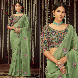 Mint Green Embroidered Organza Saree