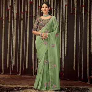 Mint Green Embroidered Organza Saree