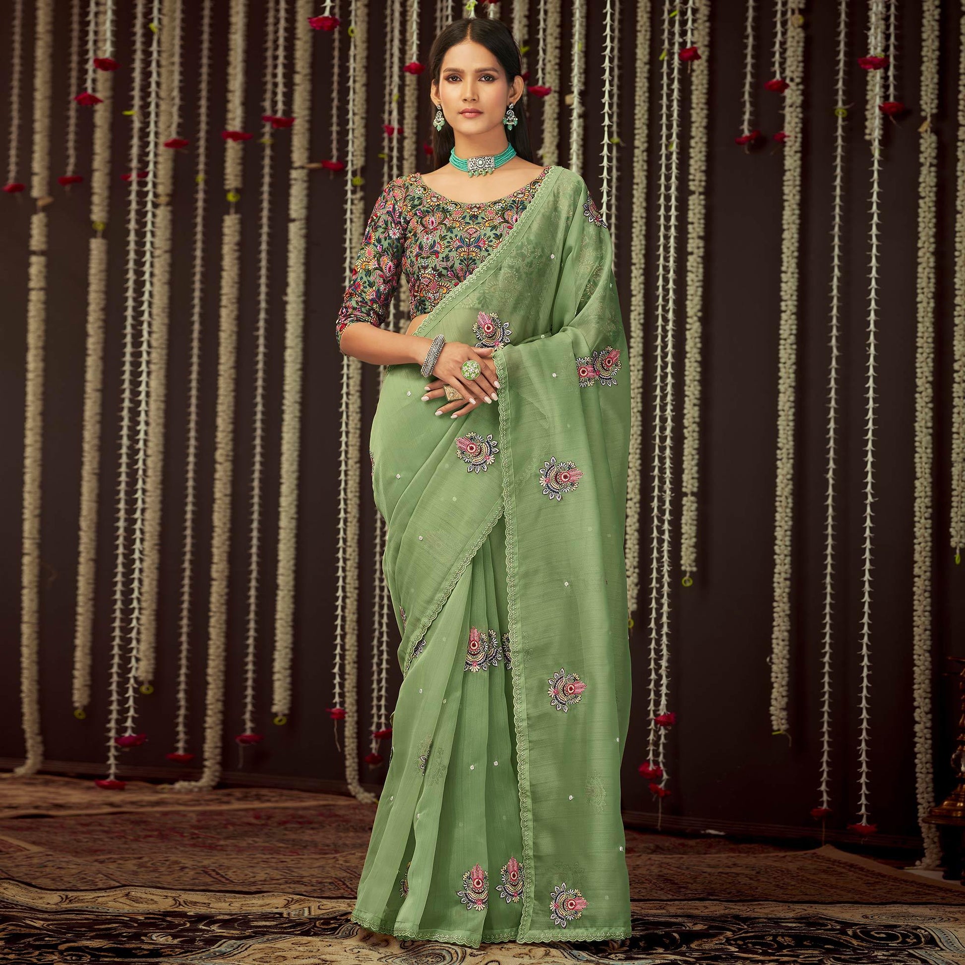 Mint Green Embroidered Organza Saree